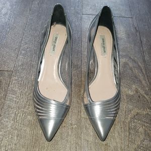 GIORGIO ARMANI Polished Silver Leather & PVC Pointed Toe Pumps  Size 36
